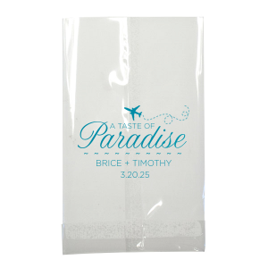 Embark on a tropical journey with the Paradise Destination Gift Bag featuring 'Paradise' in vibrant script with an airplane soaring above. Beneath this scene, the couple's names and date await, inviting guests to your sun-kissed celebration.