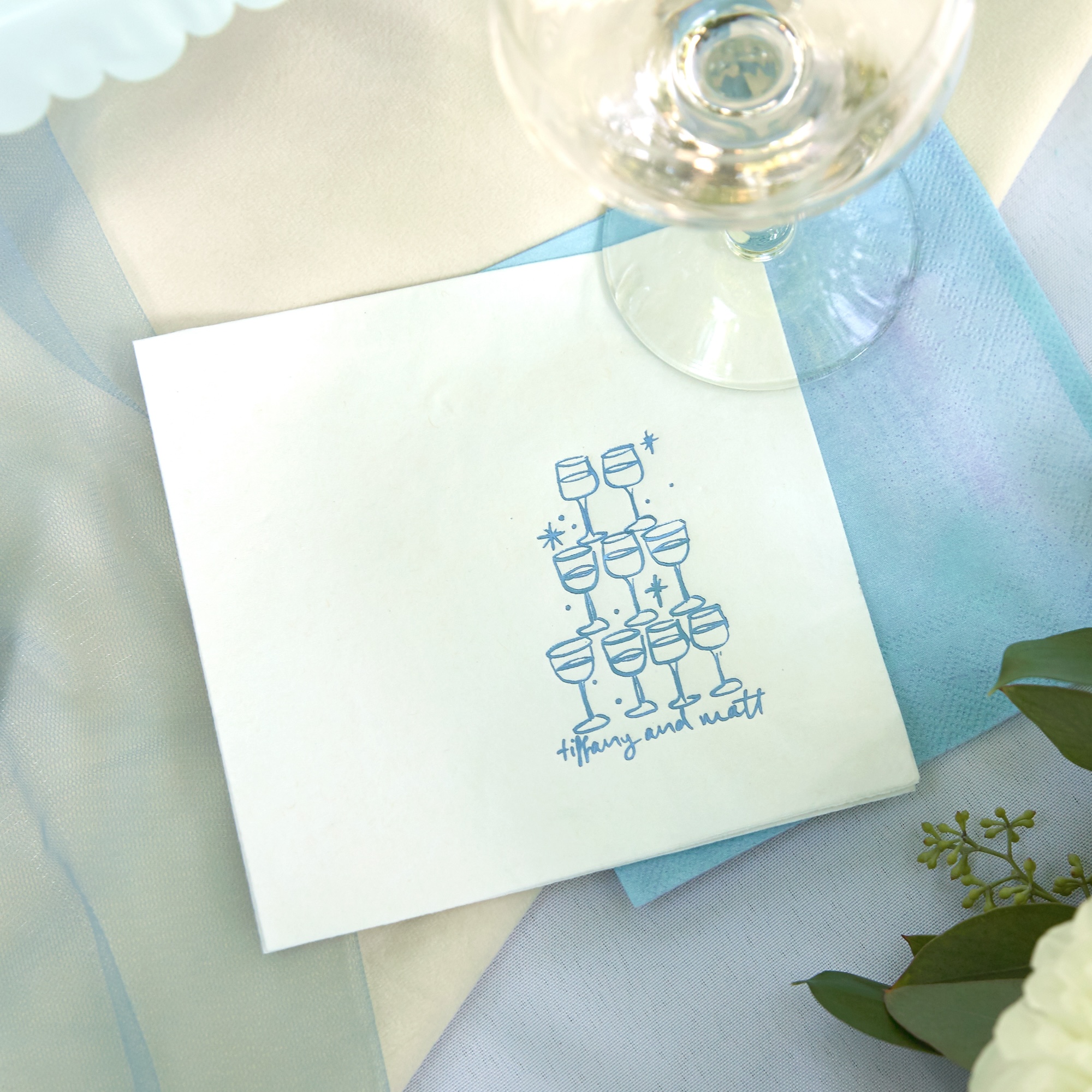 White Cocktail napkin with Blue print