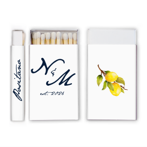 Give your guests a memorable wedding favor with this matchbox! Featuring a watercolor lemon graphic, this custom matchbox can be personalized with the date and location of your wedding. 