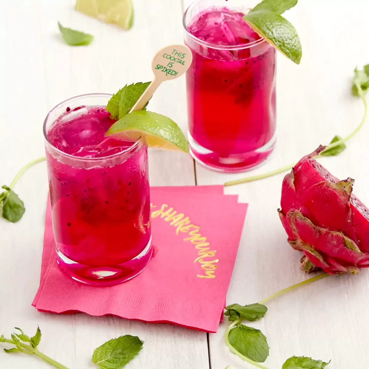 Dragon Fruit Mojito cocktail recipe with personalized cocktail napkins