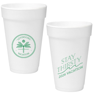 Personalized Matte Spring Green Ink 16 oz Styrofoam Cup with Matte Spring Green Ink Cup Ink Colors has a Palm Tree Badge graphic and a Wave Flourish graphic and is good for use in Beach/Nautical, Accents themed parties and will add that special attention to detail that cannot be overlooked.