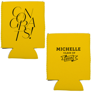 Keep your beverages cool and your spirits high with the Bold Congrats Grad Can Cooler, featuring a modern, striking "Congrats" on one side. Personalize with the graduate's name and graduation year for a sleek, celebratory touch to the festivities.