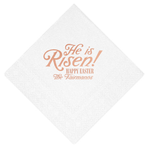 Rejoice in the season with the Easter Resurrection Celebration Napkin, proclaiming "He is risen, Happy Easter" in a bold font above your family's last name. A personal and joyous addition to your Easter gatherings.