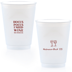 The Hocus Pocus Focus Cup is the ideal custom Halloween party accessory.  Featuring the phrase "hocus pocus I need candy to focus" and a modern and minimal graphic of wine glasses, you can personalize with your name, and the year. This chic Halloween accessory will be a hit at your autumnal events. 