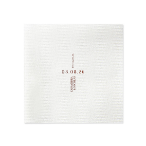 Celebrate your union with the Central Date Flair Napkin, where the wedding date takes center stage, boldly inscribed between the ascending couple's names and location details. A striking layout for an unforgettable matrimonial event.
