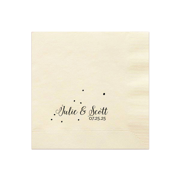 Our custom Ivory Guest Towel with Matte Black Foil can be personalized to match your party's exact theme and tempo.