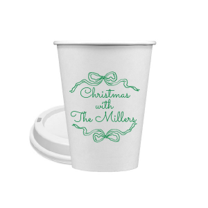 Let seasonal spirits overflow this year with the Holiday Bow Ribbon Cup. The festive design is paired with custom text, perfect for family holiday parties or nearly other festive function. 