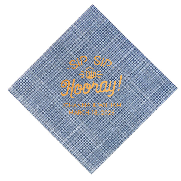 Raise the Sip Sip Hooray Napkin and let the good times pour! A jubilant mug with effervescent rays captures the celebratory cheer, perfectly paired with the couple's names and event date for a toast to remember.