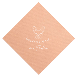 The Drinks On Me French Bulldog Napkin offers a delightful twist for pet lovers. It features an adorable French Bulldog illustration, with the playful message "DRINKS ON ME!" and "xoxo," followed by the pet's name in a charming signature font. This endearing design embodies the warmth and generosity of the pet-owner bond.