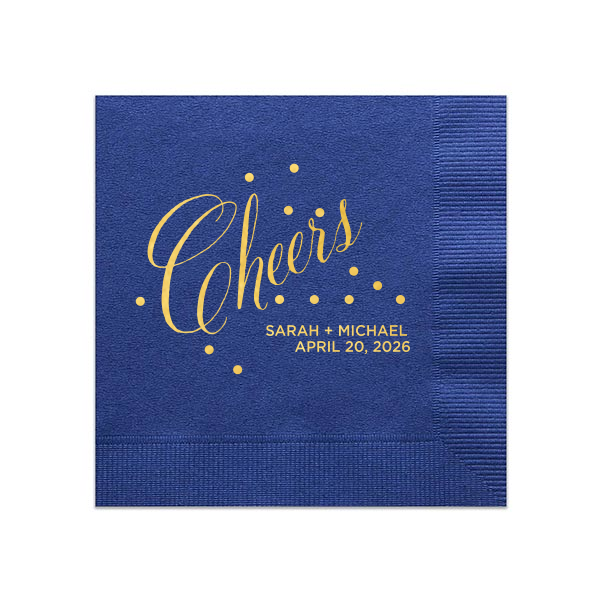 Toast to joy with the Cheers Bubble Napkin where effervescent dots frolic around a spirited 'Cheers' in whimsical script. Adorned with the couple's names and event date, these napkins burst with elegance—ideal for weddings and celebratory toasts.