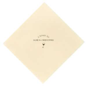 Raise your glasses with the A Toast To Wine Glass Napkin, featuring the phrase "A Toast to" arched gracefully above the couple's names, and a chic single line drawing of a wine glass below. Perfect for adding a bespoke touch to your wedding or rehearsal dinner.
