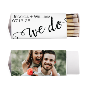 The ever-popular White Classic Custom Photo Matchbox with Matte Black Ink Digital Print Colors and Matte Fuchsia Ink Digital Print Colors has a We Do 3 graphic and is good for use in Wedding, Words themed parties and will add that special attention to detail that cannot be overlooked.