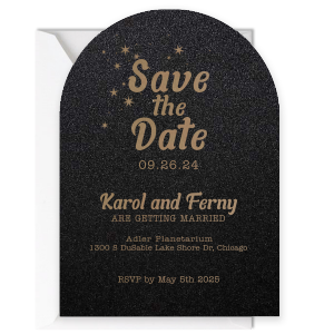Our custom arch save the date invitation features star designs for the astrological couple. Personalize this arch save the date invitation with dates, names, and the location of your wedding. 
