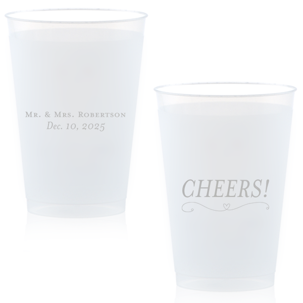 Personalized Silver Ink 16 oz Frost Flex Cup with Silver Ink Cup Ink Colors has a Simple Heart Flourish graphic and is good for use in Heart, Wedding themed parties and will give your party the personalized touch every host desires.
