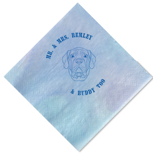 Dog cocktail napkins are the latest wedding trend! Customize this dog wedding napkin with your last name and the name of your dog. Featuring a mastiff graphic.