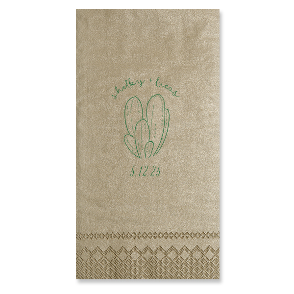Add a touch of desert charm to your wedding with the Southwestern Cactus Napkin, featuring a serene cactus illustration. Names in whimsical script arch above, while the date nestles below, creating an oasis of love for your special day.