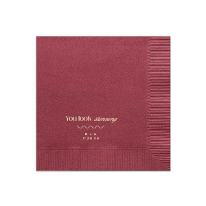 The You Look Stunning Napkin is sure to delight and stun all guests at your next party event. The customizable napkins are averrable in your choice of colors, featuring personalized text to best share your heart-felt message. Featured in our Burgundy Wedding theme, match your special occasion with any number of stylish products to create a cohesive vision. 