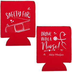 ForYourParty's chic Red Flat Can Cooler with Matte White Ink Cup Ink Colors has a Bandaid graphic and a Stethescope Heart graphic and is good for use in Graduation, Hearts themed parties and can be customized to complement every last detail of your party.
