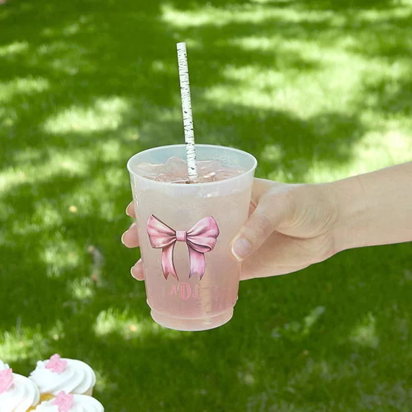 Frosted Plastic cup with pretty pink painted bow and initials
