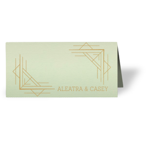 The ever-popular Poptone Mint Signature Place Card with Satin 18 Kt. Gold Foil has a Deco Frame 4 graphic and is good for use in Frames, Wedding, Geometric themed parties and can be personalized to match your party's exact theme and tempo.