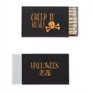 Keep the spirit alive with the Creep it Real Skull Matchbox. Featuring a lively skull and crossbones with the cheeky phrase “Creep it Real," it's perfect for adding intrigue. The reverse reads "Halloween," with space for adding your own personal touch to your eerie festivities! 