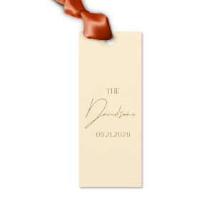 Add a personalized touch to your wedding favors with the Boho Terracotta Wedding Date Gift Tag. This tag begins with "The" in a stately serif font, followed by the newlyweds' surname in a graceful script. Finalize this bespoke detail with the date of your special day, all in the same classic font, capturing the essence of your chic and moody fall celebration.