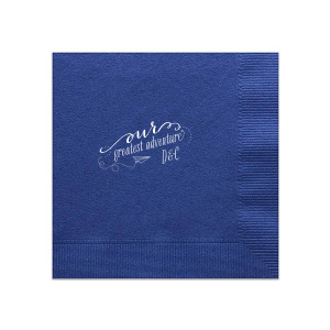 Launch your celebration into a new chapter with the Our Greatest Adventure Couples Napkin. Featuring an imaginative paper airplane graphic, the design soars from "our" into a vibrant swirl around "greatest adventure," spotlighting the couple's initials. It's all about energy, movement, and journeying together!