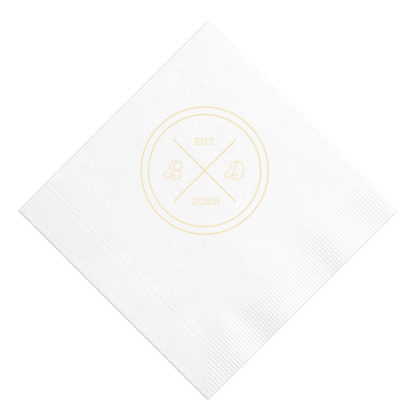Infuse your reception with the bespoke elegance of the Circle Badge Initials Napkin, reminiscent of an exclusive club crest. 'EST.' and the wedding year anchor the design, with the couple's scripted initials nestled within the distinguished bands, crafting a personal insignia of love.