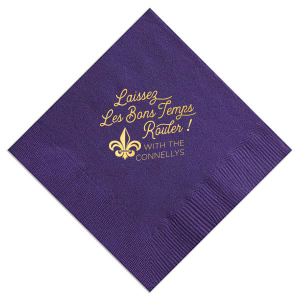 Our custom Amethyst Cocktail Napkin with Shiny 18 Kt Gold Foil has a Fleur de Lis graphic and is good for use in Accents, Wedding themed parties and can be personalized to match your party's exact theme and tempo.