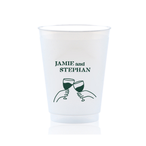 Toast to togetherness with the Cheers to Love Line Art Cup, custom-crafted with the couple's names above a minimalist line drawing of two hands clinking wine glasses. An elegant symbol of celebration for your wedding day.