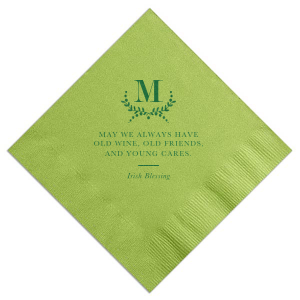 The ever-popular Kiwi Cocktail Napkin with Satin Leaf Foil Color has a sweet Irish Blessing and is good for use in Wedding themed parties and can be customized to complement every last detail of your party.