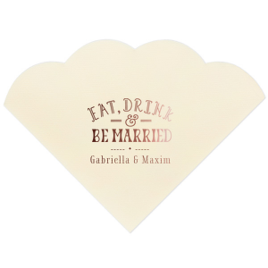Our personalized Merlot Luncheon Napkin with Matte White Foil has a Eat Drink & Be Married 3 graphic and is good for use in Wedding, and Bridal Shower  themed parties and will impress guests like no other. Make this party unforgettable.