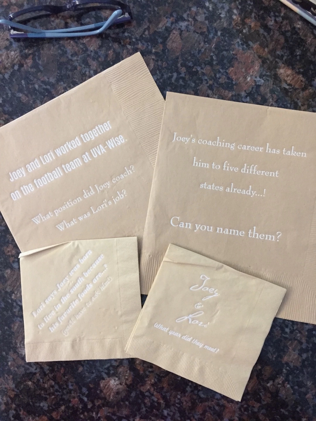 Create wedding trivia cocktail napkins for your big day with For Your Party!