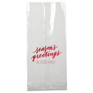 Wrap your presents in the spirit of the season with the Season’s Greetings Holiday Gift Bag, featuring 'season’s greetings' in a gentle script. Below, your family name personalizes this festive carrier, extending a hand of holiday joy with every gift given