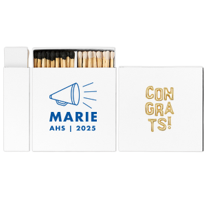 Our custom White Classic Custom Photo Matchbox with Matte Royal Blue Ink Digital Print Colors has a Megaphone graphic and is good for use in Kid Birthday, Graduation, Sports themed parties and will give your party the personalized touch every host desires.