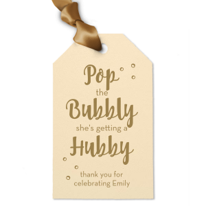 Say thank you with a bottle of bubbly to go, tied with this adorable personalized gift tag. Just choose your bridal shower or bachelorette theme colors and add the bride's name for a lovely hostess touch!