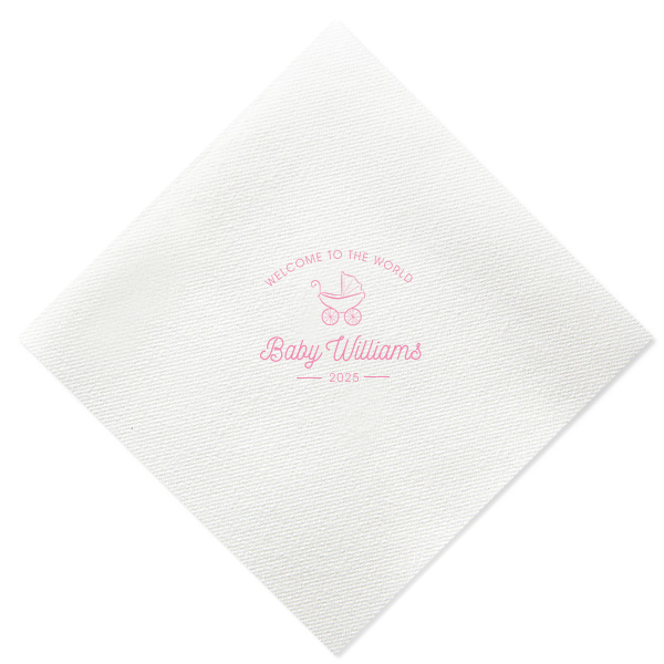 Embrace vintage charm with the Welcome to the World Baby Shower Napkin, featuring a hand-drawn baby carriage and classic script. This whimsical design offers a warm, nostalgic welcome for the newest addition, perfect for any baby shower.