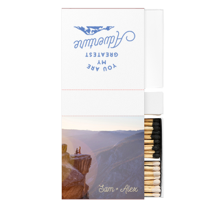 Custom White Classic Custom Photo Matchbox with Matte Ivory Ink Digital Print Colors and Matte Stone Blue Ink Digital Print Colors has a Greatest Adventure graphic and is good for use in Wedding, Travel, Words themed parties and will look fabulous with your unique touch. Your guests will agree!