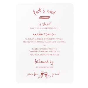 Delight your guests with the Kitschy Cocktail Hour Whimsical Wedding Menu, a playful addition to a whimsical and modern wedding. Featuring the couple's names in a graceful script, surrounded by quirky graphics of hands cheering and a penne pasta proclaiming "Let's eat." Personalize with your wedding's culinary selections for a charming dining experience.