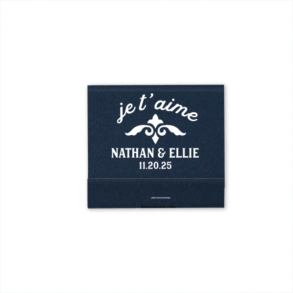 Express your love with the Je T’aime Wedding Matchbook. Featuring the timeless fleur-de-lis, this design adds a touch of sophisticated charm and elegance, perfect for celebrating your special day with a hint of French allure.