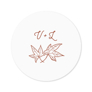 Custom White Small Round Label with Matte Brick Ink Label Print Colors has a Two Leaves graphic and is good for use in Floral, Thanksgiving, Organic themed parties and will add that special attention to detail that cannot be overlooked.