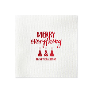 Our personalized Lipstick Red Linen Like Cocktail Napkin with Shiny Sterling Silver Foil has a 3 Trees graphic and is good for use in Christmas themed parties and will make your guests swoon. Personalize your party's theme today.