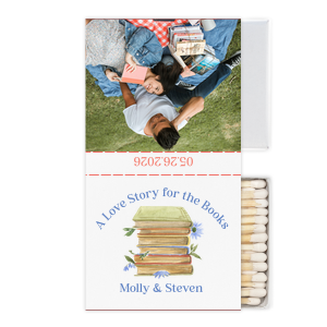 Ignite the magic of your love narrative with the Love Story Book Stack Matches, adorned with "A Love Story for the Books" above an illustrative stack of books blooming with flowers. Personalize with the couple's names beneath the image, and choose a special photo for the reverse side. The spine of the matchbook elegantly presents the date, creating a memorable token of your special day.