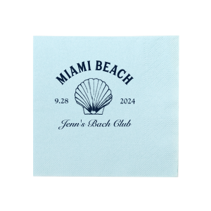 Dive into the festivities with the Bachelorette Beach Party Seashell Soiree Napkin, featuring the bachelorette's name in a timeless script, her party's coastal location, and date, elegantly accented with a chic sea shell graphic. The perfect accompaniment to "The Last Splash" celebration by the shore.