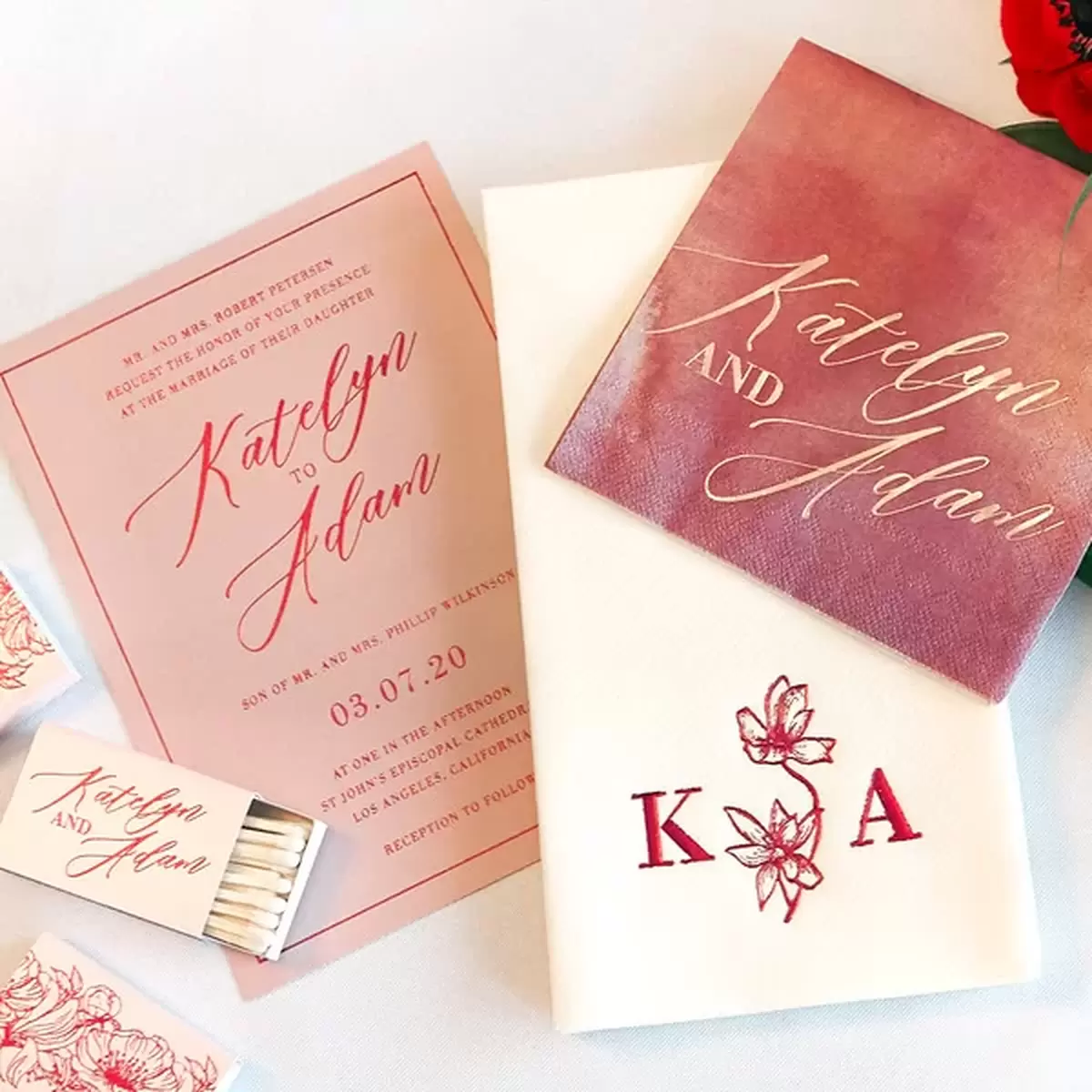 gorgeous monochromatic red wedding invitations and wedding accessories