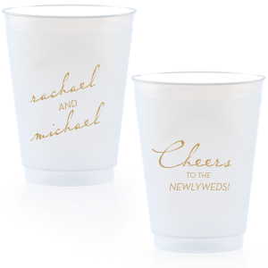 Celebrate love with our Vintage Modern Newlywed Frosted Cup, a perfect blend of classic and contemporary. One side gracefully displays "Cheers to the Newlyweds" in a subtle font, while the other side elegantly features the couple's names. These cups offer a continuous toast to the couple, enhancing the festive spirit of the occasion.