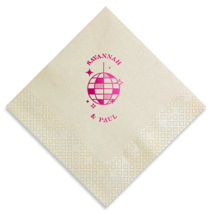Dance under the stars with ForYourParty.com's 'Retro Wedding Disco Ball Napkin,' foil-printed with a chic disco ball and twinkling stars. Add a touch of vintage glamour to your special day with space for the couple's names, ensuring every detail of your retro wedding shines as bright as your love.