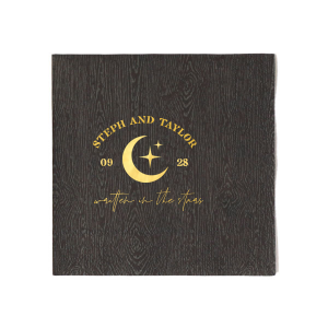 Set a celestial stage for your nuptials with the Celestial Matrimony Napkin, displaying the couple's names arched above a moon and stars, framed by the wedding date, and finished with the romantic phrase "Written in the Stars." A heavenly touch for your star-crossed celebration.