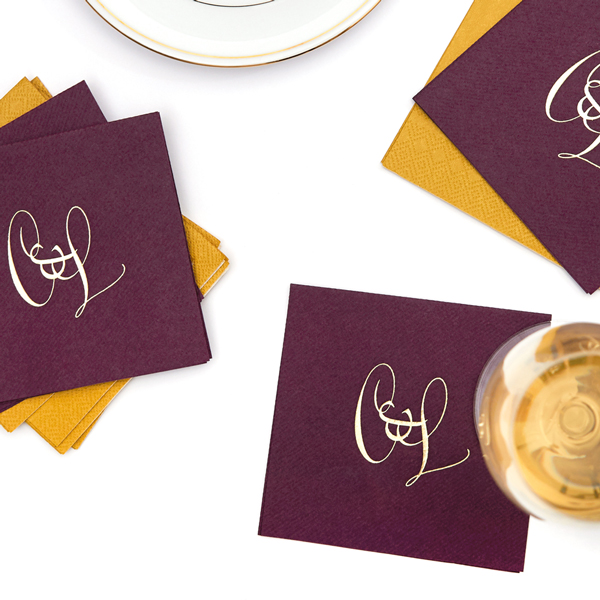 swirl script initials, cocktail napkin