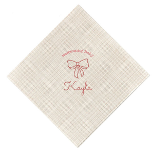 Celebrate your bundle of joy with the Baby Shower Bows Welcome Napkin, elegantly announcing 'Welcoming Baby' above a chic, minimal bow graphic. Personalize with your new arrival's name for a trendy touch at your baby shower or welcome home event.